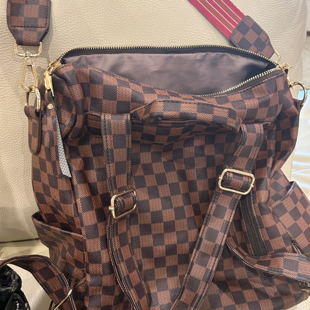 Checkered Brown Canvas Backpack with Red Stripe Strap - Picture 2 of 5